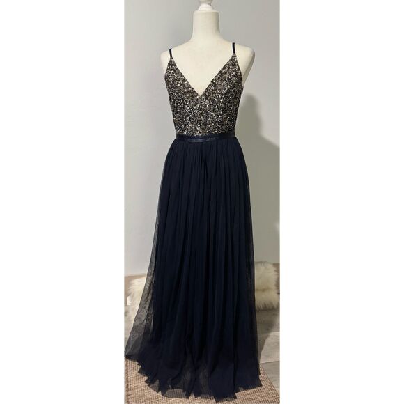 BHLDN NWOT Avery navy sequin covered bodice with frothy tulle skirt dress 4 - Picture 2 of 8